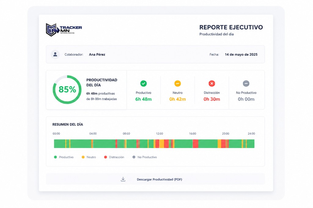 Reporte ejecutivo PDF — productividad del día con KPIs y línea de tiempo